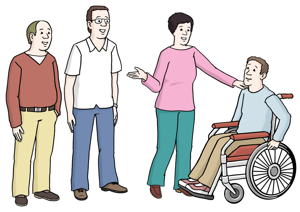 Illustration einer Gruppe Menschen. Eine Person fasst eine Person im Rollstuhl freundlich an der Schulter.