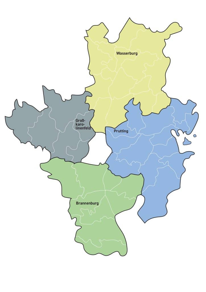 Karte des Landkreis Rosenheim mit den vier Regionen: Nord, Ost, Süd und West